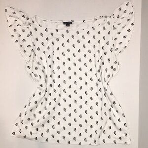 Ann Taylor White Black Floral Print Flutter Sleeve Top - Size M